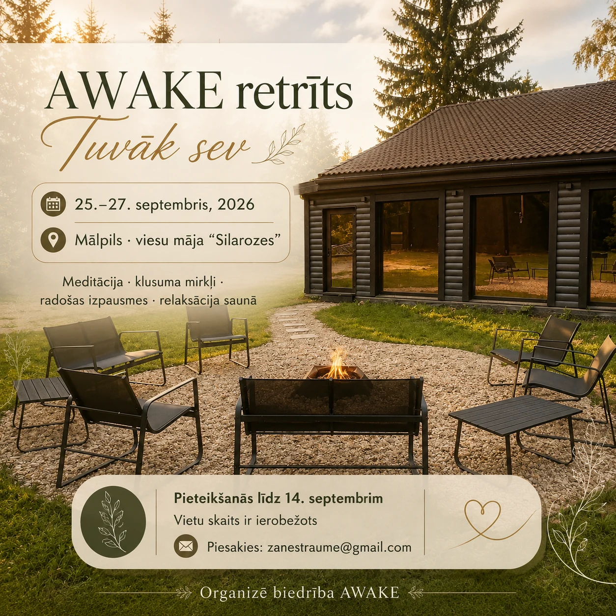 AWAKE retrīts «Tuvāk sev» buklets — 25.–27. septembris, Mālpils «Silarozes»